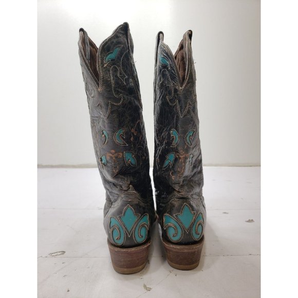 Pecos Bill Womens Boots Cowgirl Snip Toe Leather Brown Turquoise Inlay 7.5 B - Picture 8 of 10